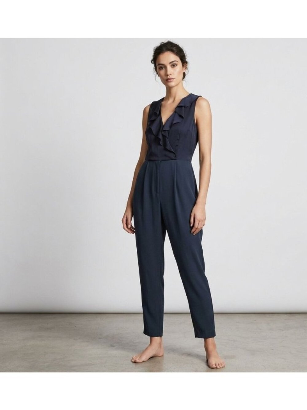 Banana Republic Jumpsuit Size 14 Navy Blue Sleeveless Ruffle V Neck